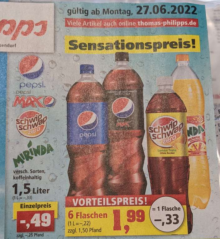 [Thomas Philipps] 6x1,5L Pepsi,Mirinda,SchwipSchwap für 1,99€(1L=0,22€)