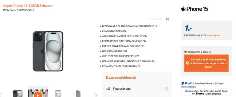 [Expert Sigmaringen] Apple iPhone 15 128GB Schwarz (Preisfehler)