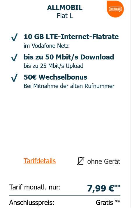 Sim Only, Vodafone Netz: Allnet/SMS Flat 10GB bis 50Mbit/s für 7,99€/Monat (effektiv 5,91€/Monat durch 0€ AG & 50€ Wechselbonus)