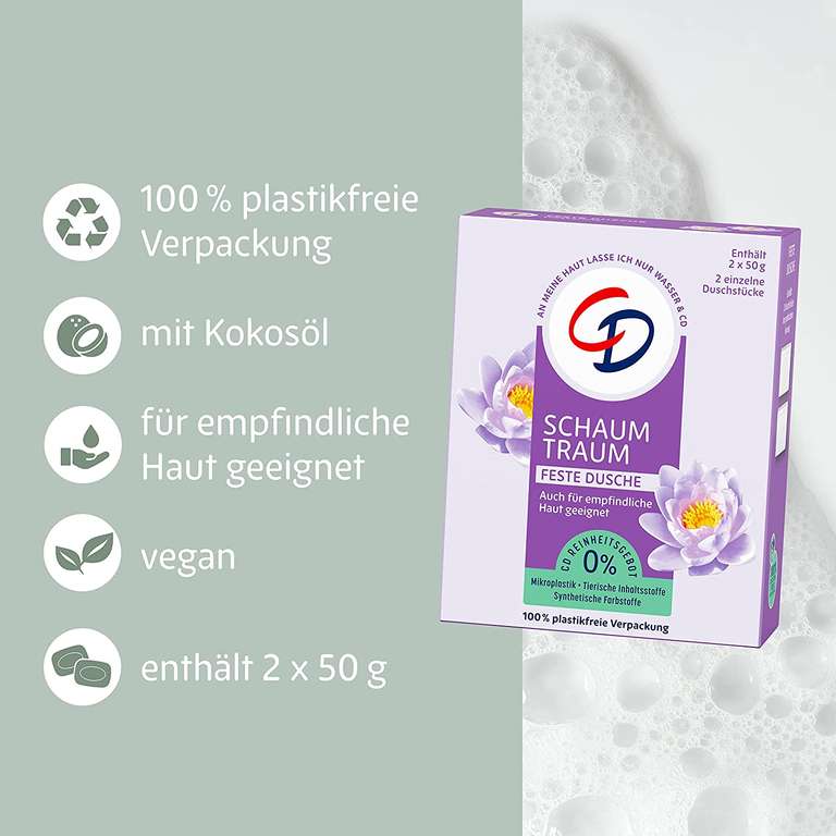 CD Feste Dusche Schaumtraum, 2 x 50 g | Wasserlilieduft, mit Kokosöl, ohne Mikroplastik, vegan | Duschgel Alternative [Prime Spar-Abo]