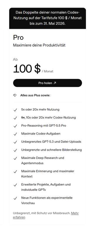 Pro ChatGPT mit verdoppelter Codex-Nutzung – 103 €/Monat, OpenAI at ...