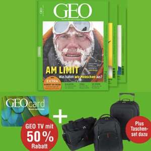3 Ausgaben GEO + GEOcard + 50% GEO TV + Reisetaschen-Set für 20,50 €