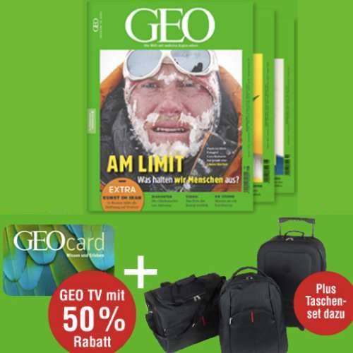 3 Ausgaben GEO + GEOcard + 50% GEO TV + Reisetaschen-Set für 20,50 €