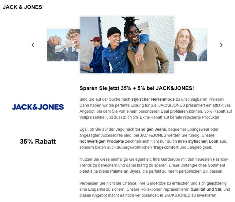 35% auf den gesamten Onlineshop von Jack & Jones (Corporate Benefits)