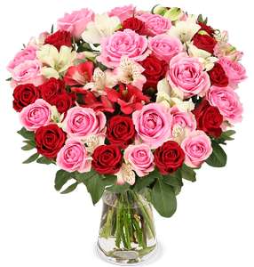 30 Stiele Rosenwunder XXL mit bis zu 100 Blüten | 18 Rosen, 8 Inkalilien und 4 Pistacia