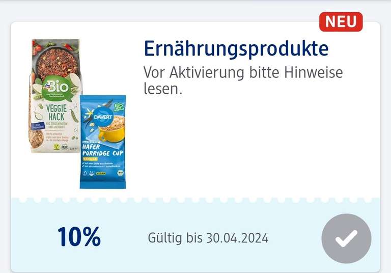 [DM] 10%-Coupon auf Ernährungsprodukte | via DM App | ausgenommen Produkte für Schwangere und Babys | bis 30.04 | online und Filialen