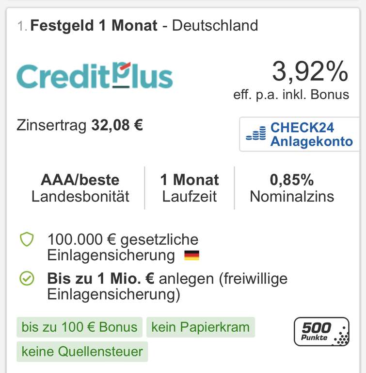 Festgeld 1 Monat mit 3,92% effektiv p.a. inkl. 25€ Bonus, deutsche Einlagensicherung, nur für Bestandskunden, personalisiert [CHECK24 App]