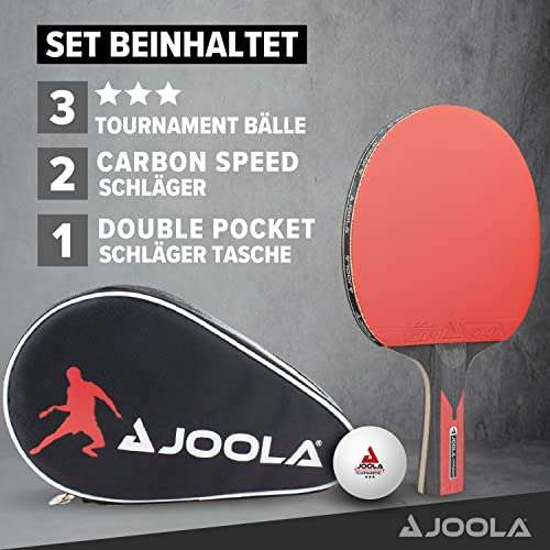 JOOLA Tischtennis Set Duo Carbon 2 Tischtennisschläger + 3 Tischtennisbälle + Tischtennishülle, rot/schwarz, 6-teilig - Prime