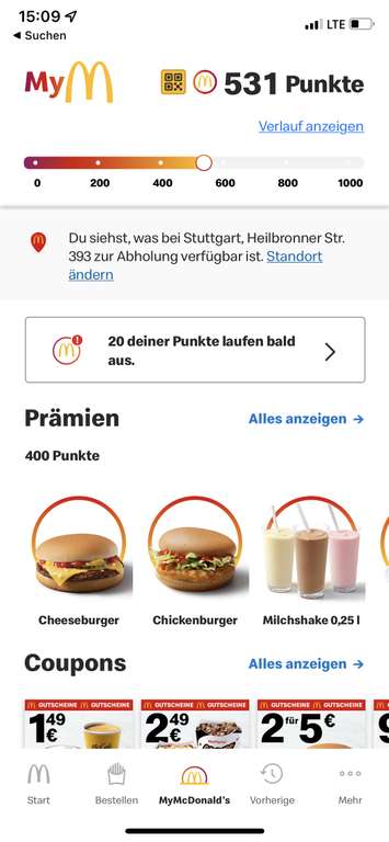 McDonalds In-App-Bestellung bis zu 450 Punkte mit einer Bestellung (ggf. personalisiert)