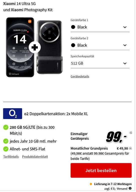 O2 Doppel SIM Aktion: Xiaomi 14 Ultra 5G 512GB & Xiaomi Photography Kit mit 2 x Allnet/SMS Flat 280GB 5G 49,98€/Monat, 99€ ZZG, 6€ Shoop