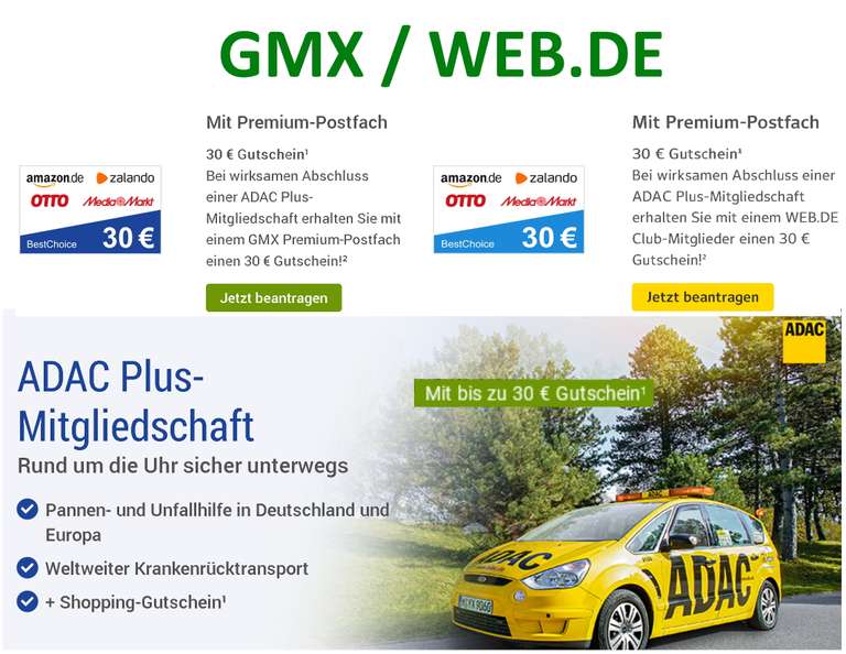 [ADAC und GMX/WEB.DE] 30 € Shopping Gutschein auf Abschluss einer ADAC Plus-Mitgliedschaft für Premium-Mail Nutzer; 20 € für FreeMail Nutzer