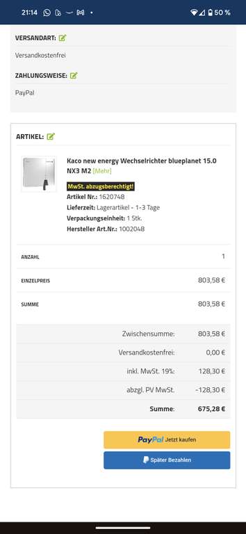 KACO Wechselrichter NX3 M2 15.0 (vor einem Monat ca. 1000€)