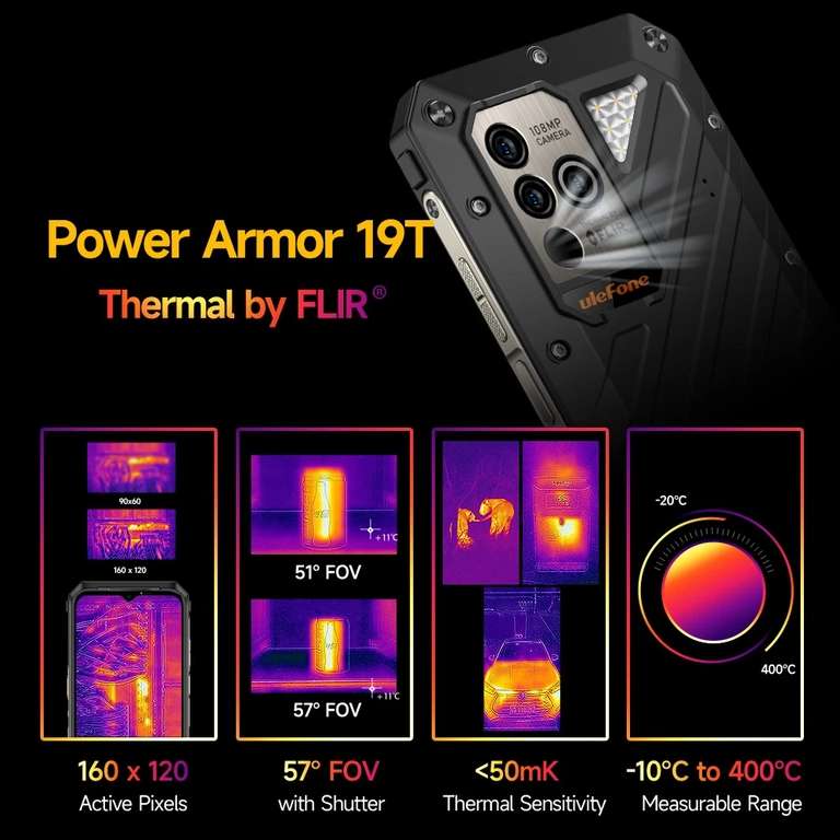 Ulefone Power Armor 19T Smartphone mit Wärmebildkamera von FLIR (6,58" FHD+, Helio G99, 12GB RAM, 256GB Speicher, 9600mAh, 108MP)