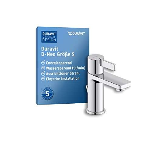 Duravit D-Neo Waschtischarmatur, Größe S (Auslauf Höhe 87 mm). Wasserhahn Bad mit Zugstangen-Ablaufgarnitur, mit FreshStart-Funktion, Chrom