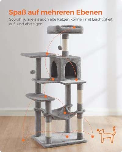 Feandrea Kratzbaum PCT161W01 | 2 Plattformen und eine Katzenhöhle | 2 hängende Plüschbälle | treppenförmige Anordnung und Kletterplattformen