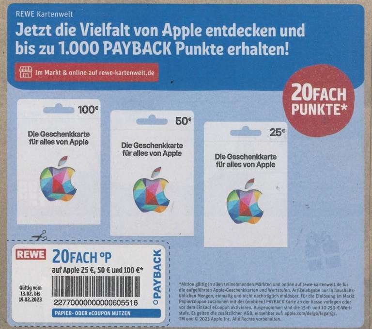 [Payback | REWE] 20-fach Punkte = 10% auf Apple Gift Cards Guthaben Geschenkkarte ab 13.02.-19.02.2023