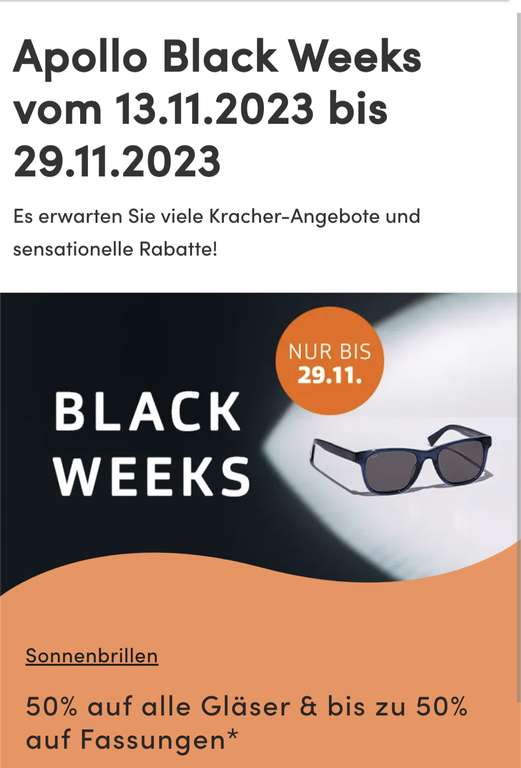 Apollo Optik Black Weeks/ 50% auf alle Brillengläser / bis zu 50% auf die Brillenfassungen und Sonnenbrillen