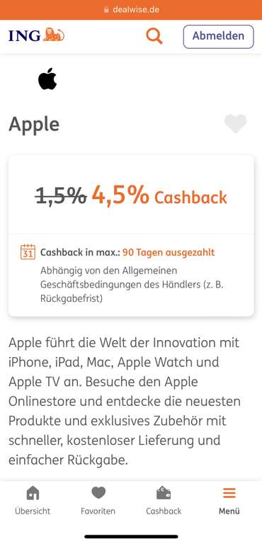 [Ing-Giro] 4.5% Apple Cashback über Dealwise