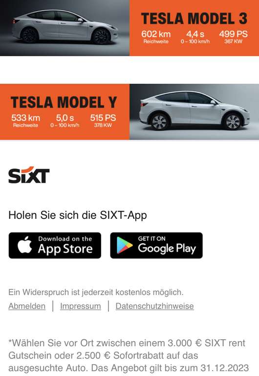 Tesla-Aktion von Sixt: € 2500 Sofortrabatt oder € 3000 Sixt Rent Gutschein beim Kauf eines gebrauchten Teslas (Model 3 & Y)