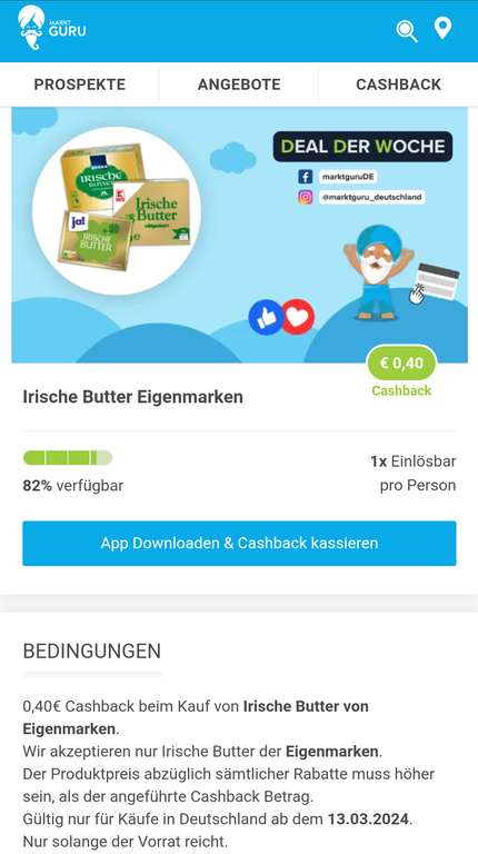 [Marktguru] Irische Eigenmarken Butter - abzgl. 0,40€ Cashback - 1x einlösbar