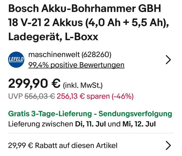 Bosch Akku-Bohrhammer GBH 18 V-21 2 Akkus (4,0 Ah + 5,5 Ah), Ladegerät, L-Boxx, Versandkostenfrei