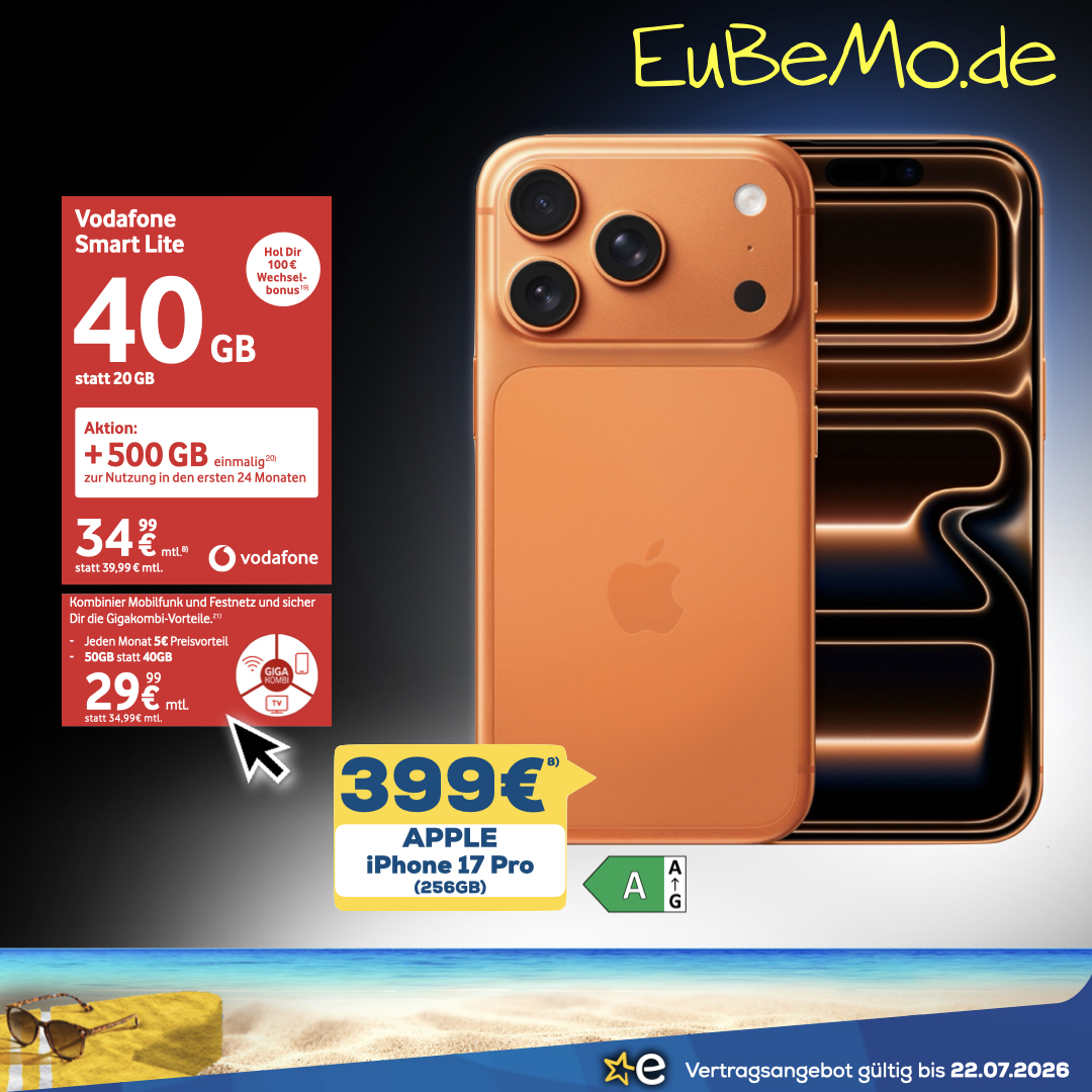Lokal NRW, GigaKombi: Apple iPhone 17 Pro mit Allnet/SMS Flat 50GB 5G & 500GB Bonus für 29,99€/Monat & 399€, 100€ Bonus | +120€ ohne GK