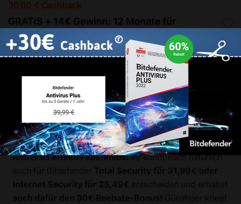 Bitdefender Antivirus Plus für 19,99€ bei 30€ Cashback (reebate App)