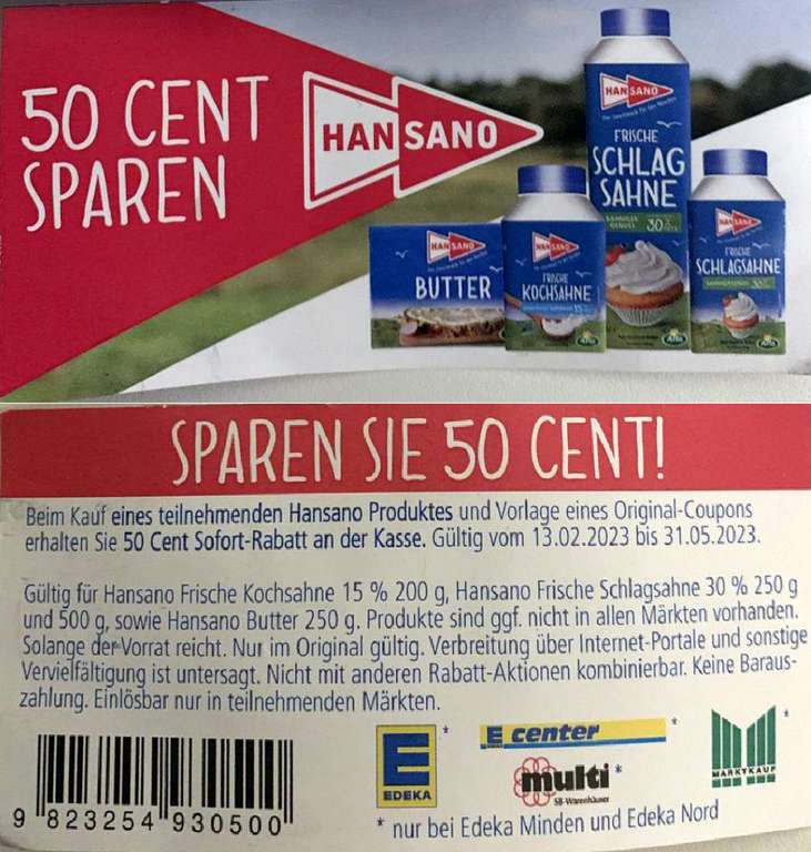 0,50€ Rabatt Coupon für den Kauf eines Hansano Produktes bis 31.05.2023 [EDEKA Minden + Nord]