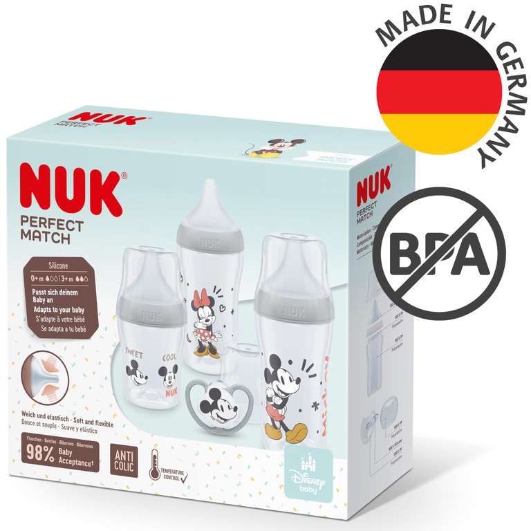 [Prime] NUK Disney Mickey Mouse Perfect Match Set | 3 Anti-Colic-Babyflaschen und Space-Schnuller | BPA-frei