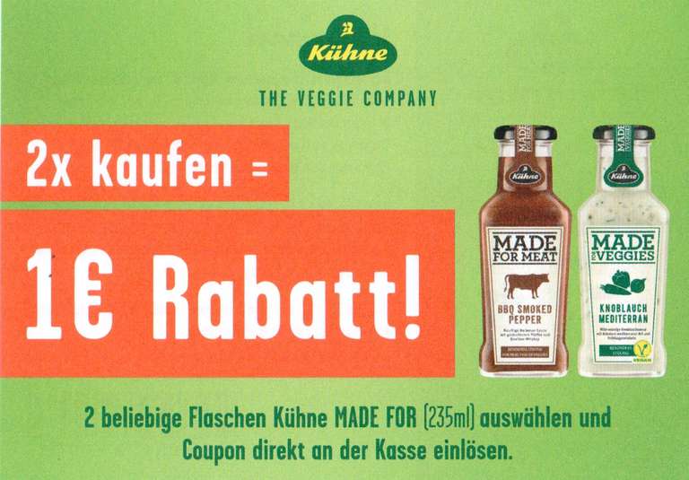 1,00€ Coupon für den Kauf von 2x Kühne 'Made For' Saucen 235 ml bis 30.06.2023