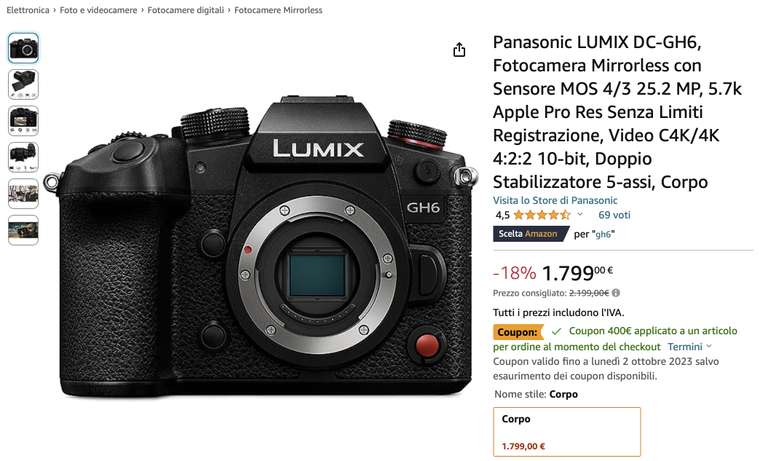 Panasonic Lumix DC-GH6 Body mit 400€ Coupon auf Amazon.it