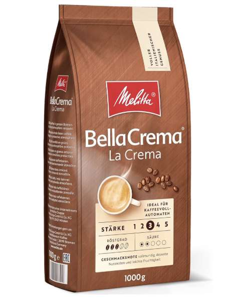 Melitta BellaCrema La Crema Ganze Kaffee-Bohnen 1kg, ungemahlen, Kaffeebohnen für Kaffee-Vollautomat [PRIME/Sparabo; für 7,49€ bei 5 Abos]