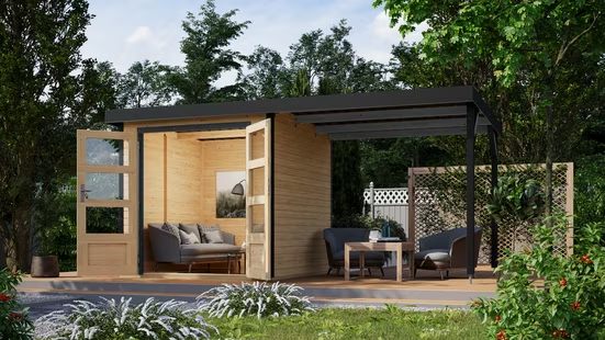 Karibu Gartenhaus Jupiterino 2 SET inkl. Anbaudach 453x235cm