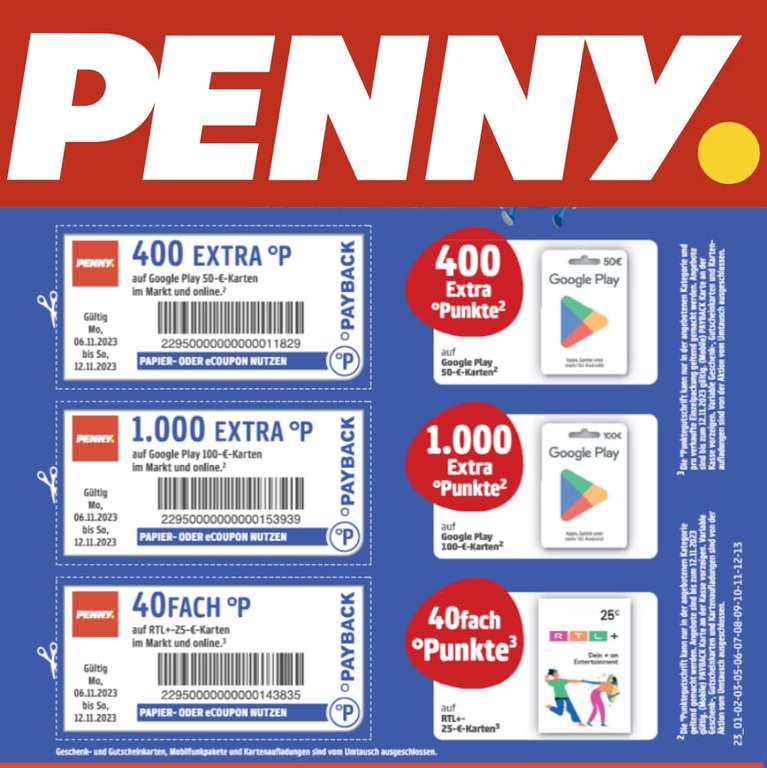Penny & Payback] Bis zu 1.000 Extrapunkte auf Google Play Geschenkkarten |  40-Fach Punkte auf RTL+ Gutscheinkarten | mydealz
