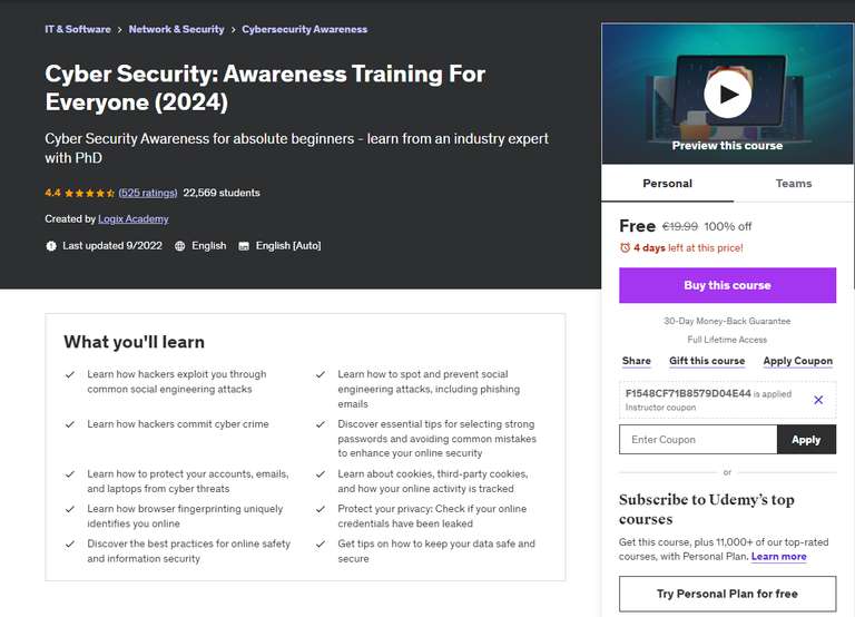 Awareness-Trainingskurs für Cybersecurity bei Udemy (100% Rabatt)!