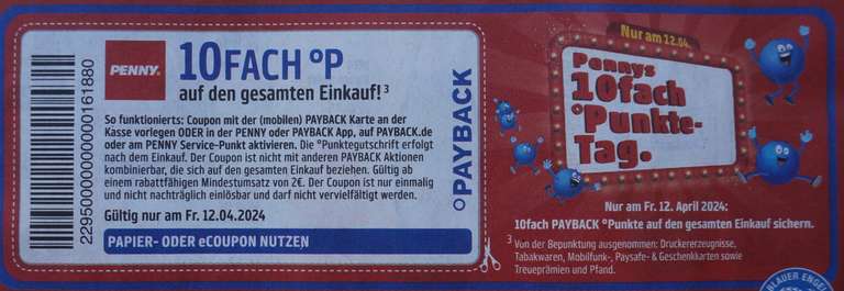 [Penny] [Payback] 10-fach Punkte auf den Einkauf ab 2€ nur gültig am Freitag 12.04.2024 Papier/eCoupon