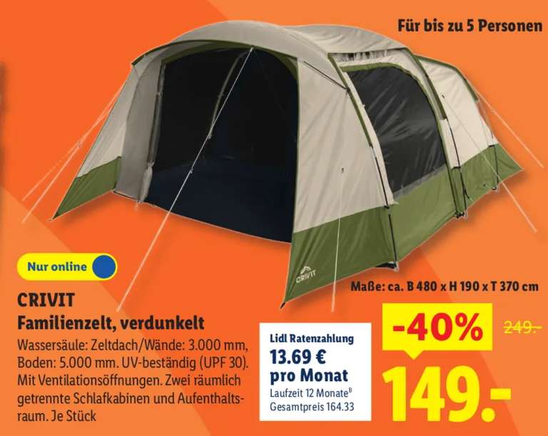 Crivit 5-Personenzelt Verdunkelt  2 Schlafkabinen, Lidl at Lidl | mydealz