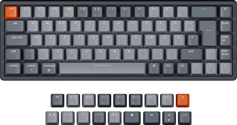 Keychron K6 mechanische Tastatur | 65% | Aluminium | RGB LEDs | USB-C, Bluetooth | DE Layout | Gateron KS-8 Switches (RED, BROWN oder BLUE)