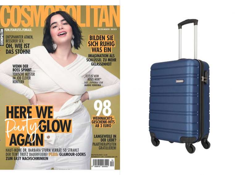 Travelite "4-Rollen-Trolley" Lagos Hartschalen-Koffer blau, 55cm (i. W. v. 58,85 €) + Cosmopolitan Abo (8 Ausgaben) für zusammen 32 €