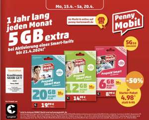 Penny Mobil Prepaid Startset 50% Rabatt plus 12 Monate 5GB Gratis 5G