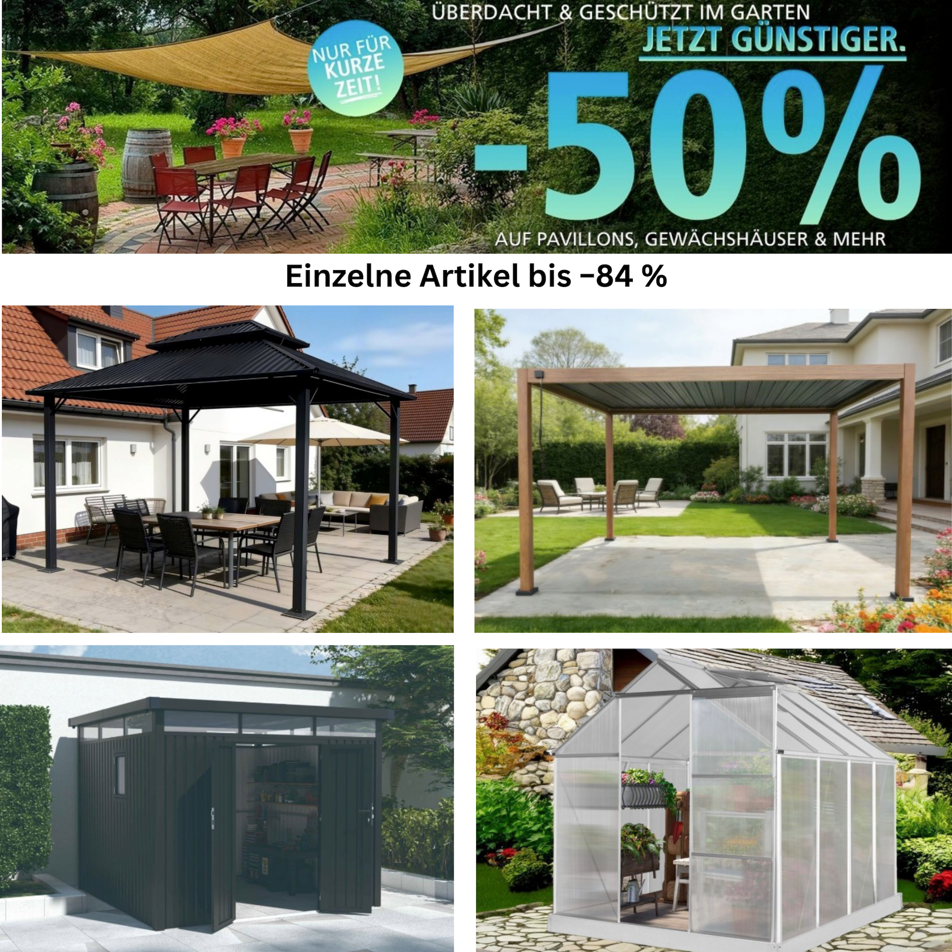 Garten-Angebote | Alu-Gewächshaus 250×190×193 cm 165,45 €, Stahl-Pavillon 365×298×275 cm 435,45 € inkl. VSK | Doppelliege, Pergola u. v. m.