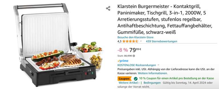 Klarstein Burgermeister - Kontaktgrill, Paninimaker, Tischgrill, 3-in-1, 2000W, 5 Arretierungsst., stufenlos regelbar, Antihaftbesch.