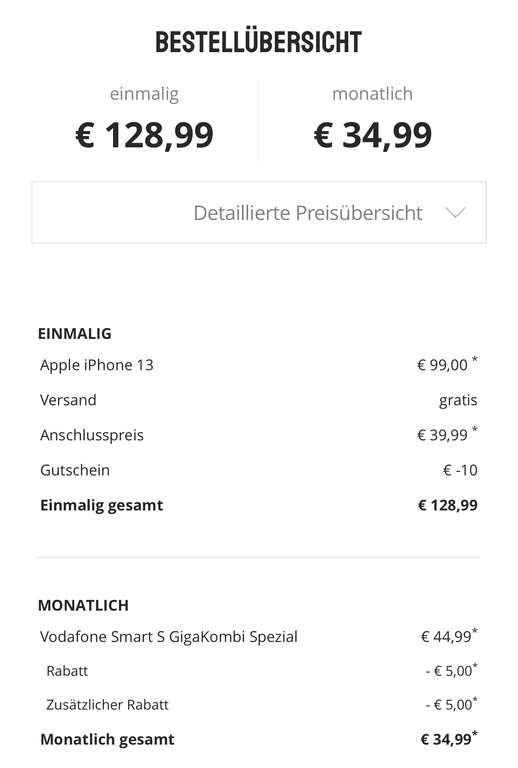 [ Vodafone + Gigakombi] iPhone 13 128 GB - 50 GB - 99€ Zz - 34,99€ mtl - 100€ Wechselbonus