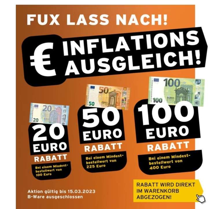 Inflationsausgleich bei Fuxtec (20€ Rabatt bei 100€, 50€ Rabatt 225€, 100€ Rabatt bei 400€)