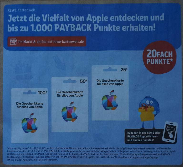 Payback  REWE] 20-fach Punkte = 10% auf Apple Gift Cards Guthaben
