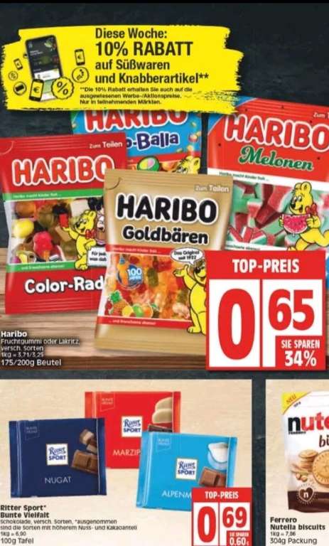 Edeka Berlin Haribo nur 0,59 € oder Ritter Sport 0,62 € Dank 10% auf Süßigkeiten