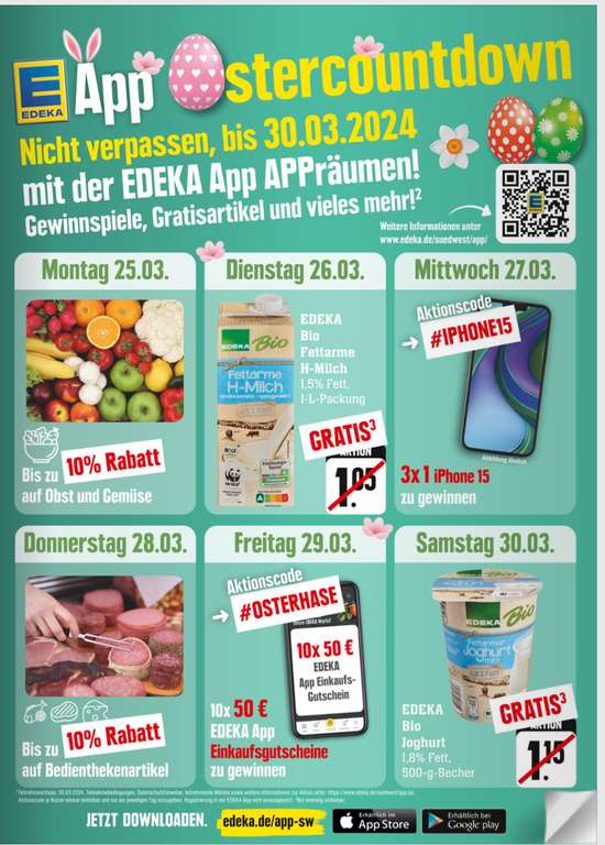 Edeka Südwest - tägliche App Vorteile - 18.03.2024 bis 30.03.2024 z.B: EDEKA Bio Fettarme-Milch Gratis statt 1,05 €