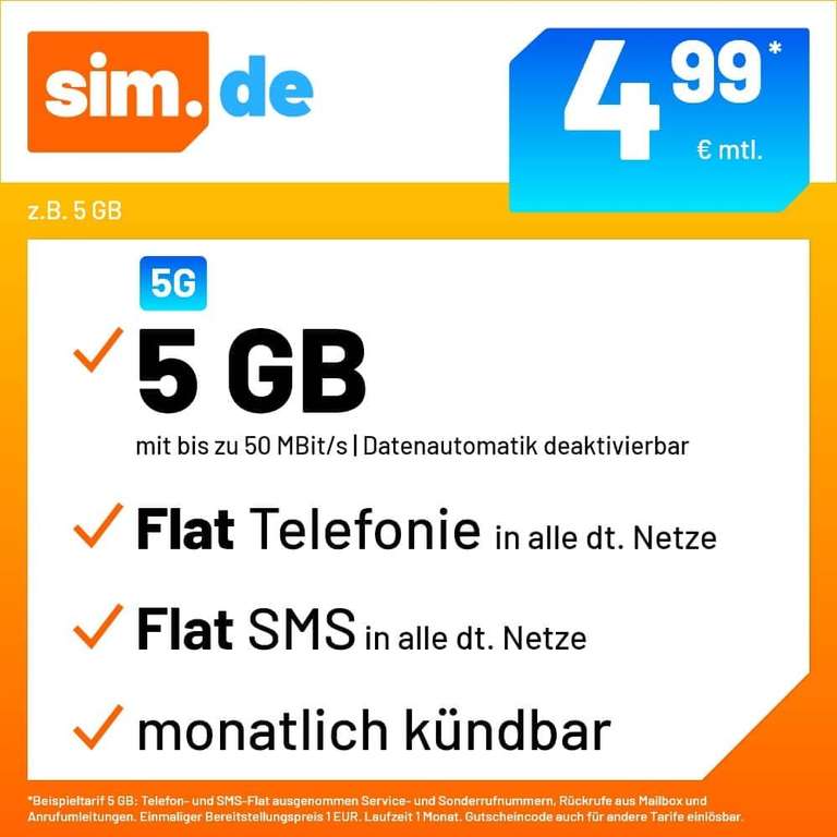 sim.de / handyvertrag.de | 17 GB 5G LTE +Allnet+SMS-Flat+VoLTE&WLAN Call für 7,99€/ mtl kündbar / nur 7,50€ AG | 10GB - 6,99€ | 5GB - 4,99€
