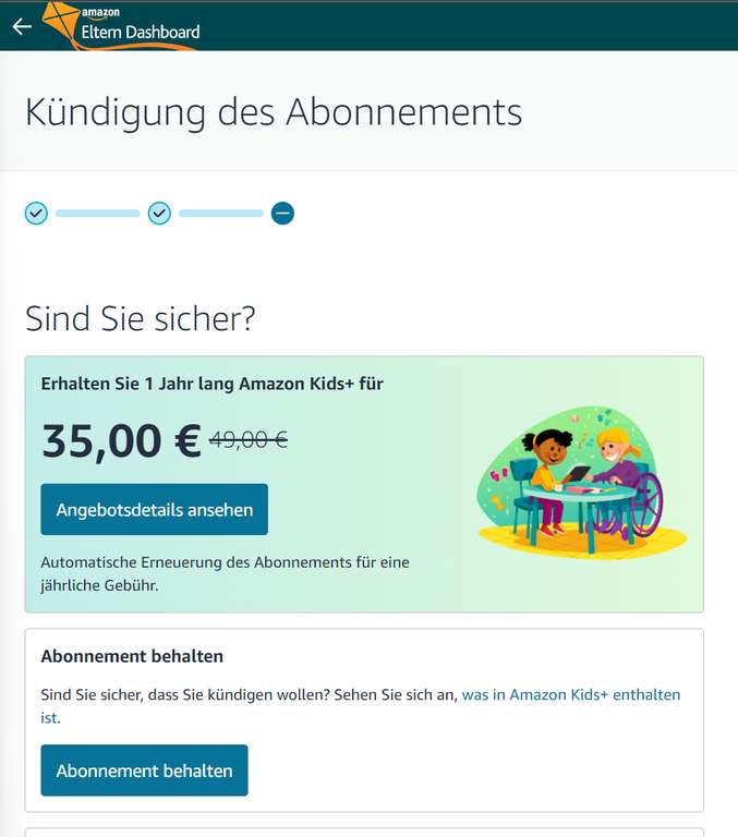 Amazon Kids+ Jahresabo für 35 Euro (statt 49 Euro) für Prime-Mitglieder über Kündigungsassistent (eventuell personalisiert?)