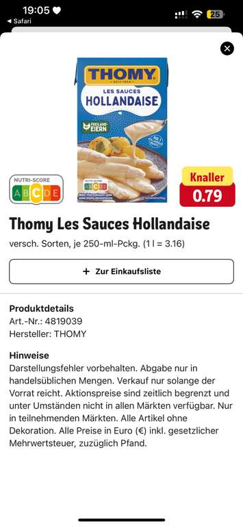 (OFFLINE Rewe) Thomy Les Sauces Hollandaise für 0,79€!